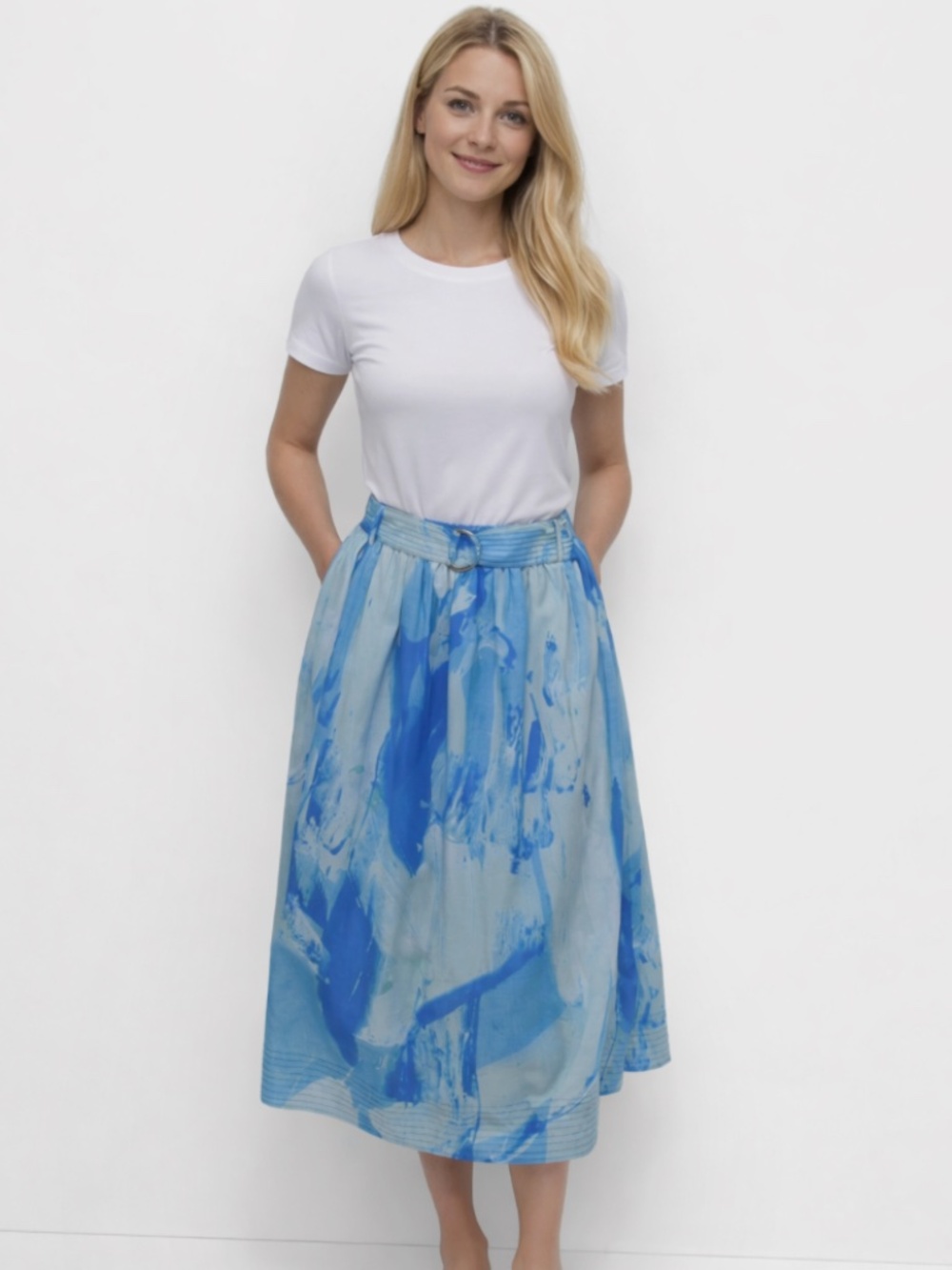 DKNY  Women's Printed Belted MIDI Skirt Maculate Marble Size L NWT